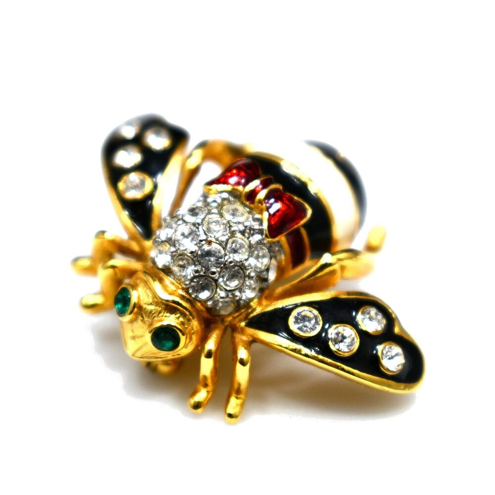 Vintage Joan Rivers Bee Brooch Rhinestone Enamel Gold Tone 1990s - Picture 4 of 10